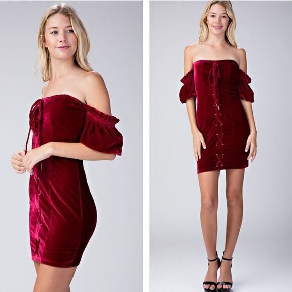 Crushed Velvet Lace Up Off Shoulder Cocktail Dress - Picture 3 of 3